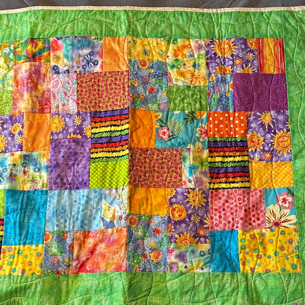 Small Vibrant Patchwork Quilt with Green Border